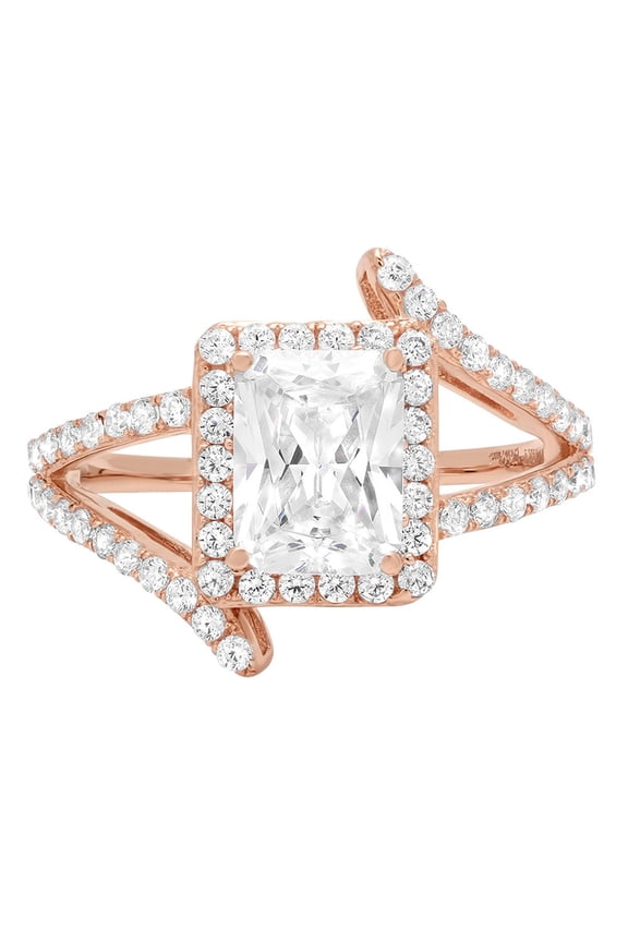 1.935 ct Emerald Cut White Sapphire Solitaire with Simulated Diamond Accents 18K Rose Gold Womens Engagement Ring