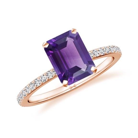 1.94 CT Amethyst Moissanite Ring Side Stone Engagement Ring in Sterling Silver/ Rose Gold Plated Emerald Cut February Birthstone Wedding Ring, Birthday, Anniversary Jewelry, Ring Size 6