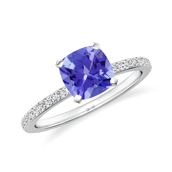 1.94 CT Tanzanite Moissanite Ring Side Stone Engagement Ring in Sterling Silver/ White Gold Plated Cushion Shaped December Birthstone Wedding Ring, Birthday, Anniversary Jewelry, Ring Size 7