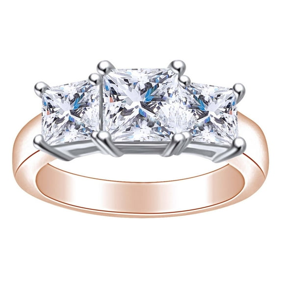 AFFY 1.95 Carat (Cttw) Princess Shape White Natural Diamond Three Stone Engagement Ring In 14k Solid Rose Gold Ring Size-8