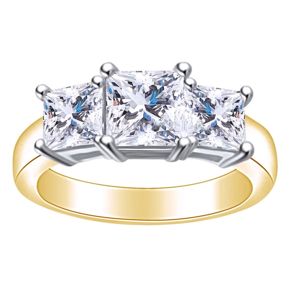 AFFY 1.95 Carat (Cttw) Princess Shape White Natural Diamond Three Stone Engagement Ring In 14k Solid Yellow Gold Ring Size-9.5