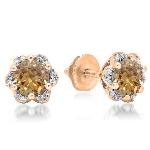 1.95 Carat (ctw) 18K Rose Gold Round Cut Champagne & White Diamond Ladies Flower Shape Cluster Fashion Stud Earrings 2 C