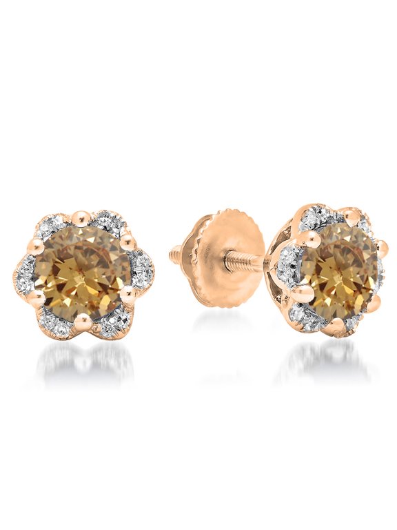 1.95 Carat (ctw) 18K Rose Gold Round Cut Champagne & White Diamond Ladies Flower Shape Cluster Fashion Stud Earrings 2 C