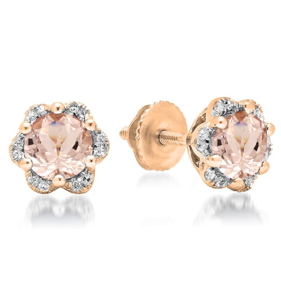1.95 Carat (ctw) 18K Rose Gold Round Cut Morganite & White Diamond Ladies Flower Shape Cluster Fashion Stud Earrings 2 C