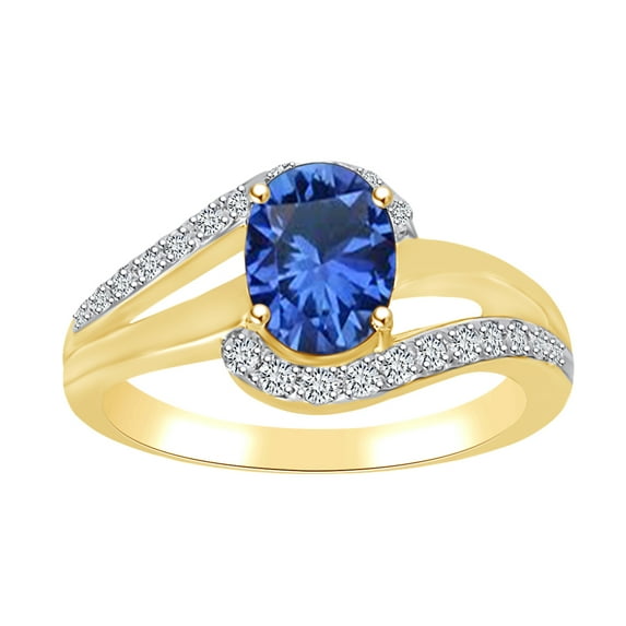 AFFY 1.95 carat(Ctw) Oval Simulated Blue Sapphire & White Natural Diamond Swirl Engagement Ring 14k Solid Yellow Gold Ring Size-9.5