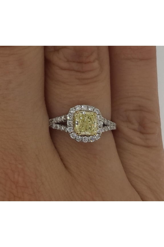 1.95Ct Fancy Yellow Split Shank Halo Cushion Cut Diamond Ring VVS1 Treated Solid 14K White Gold