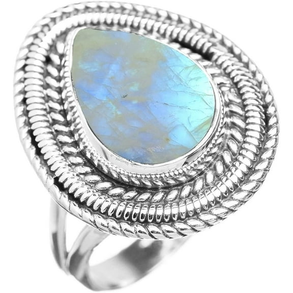1.95ctw, Genuine Rainbow Moonstone 7x10mm Oval & .925 Silver Plated Handmade Fashion Ring Size-5