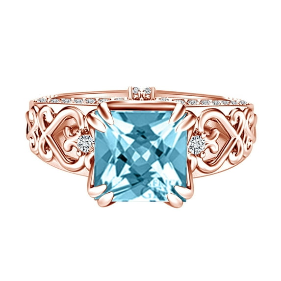 AFFY 1.96 Carat Princess Cut Simulated Blue Topaz & Natural Diamond Square Engagement Ring 14k Solid Rose Gold Ring Size-8