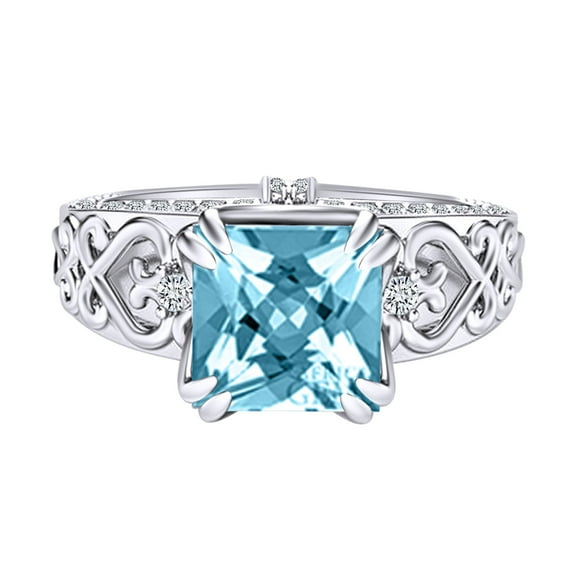 AFFY 1.96 Carat Princess Cut Simulated Blue Topaz & Natural Diamond Square Engagement Ring 14k Solid White Gold Ring Size-6