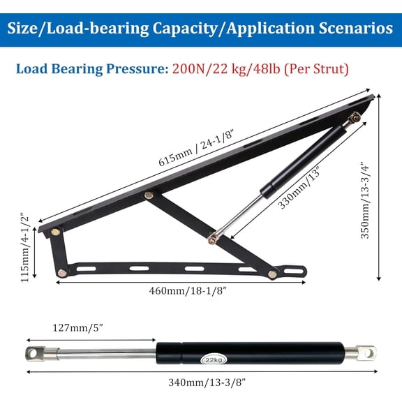1.96 FT Bed Lift Mechanism 22kg Load Capacity Hydraulic Gas Spring Set for Storage Murphy Bed Frame Space Saving Kit