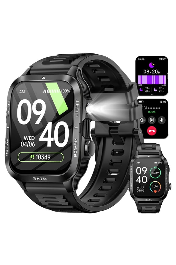 1.96" HD Rugged Outdoor Smart Watch for Men, 3ATM Waterproof Fitness Tracker, Multiple Sports Modes, Compatible with Android 9.0 & iOS 12.0 and Above, Black