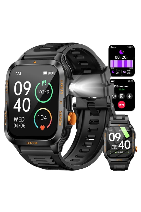 1.96" HD Rugged Outdoor Smart Watch for Men, 3ATM Waterproof Fitness Tracker, Multiple Sports Modes, Compatible with Android 9.0 & iOS 12.0 and Above, Orange