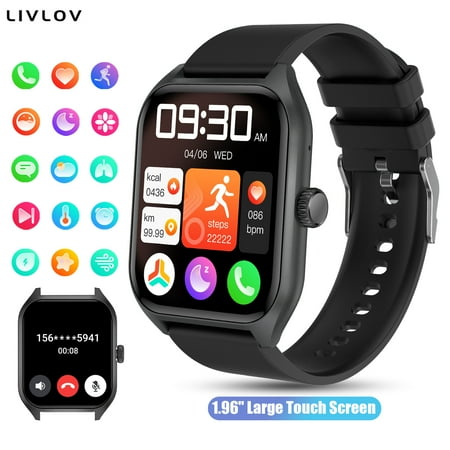 1.96'' HD Touch Screen Smartwatch For Men/Women, Fitness Tracker With Temp Check, Answer/Make Calls, Flashlight, 100+Sports, Step/ Distance/ Calorie, Compatible With Android IOS