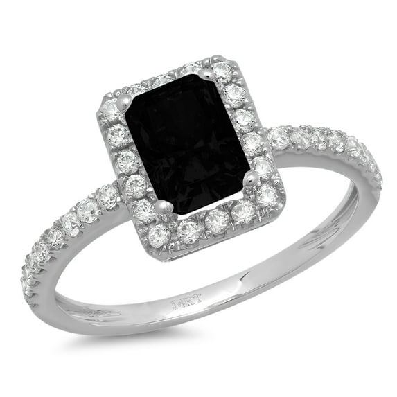 1.86 ct Emerald Cut Natural Onyx with Simulated Diamond Halo Accents 14K White Gold Womens Engagement Ring