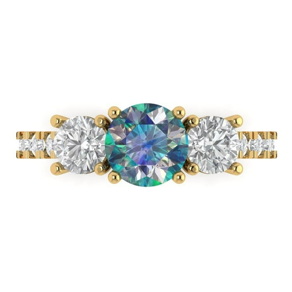 1.97 ctw 3 Stone Anniversary Ring for Women | Round Cut Blue Moissanite | Hyperallergenic Solid 14K Yellow Gold