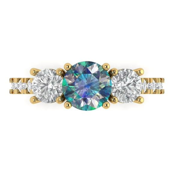 1.97 ct Round Cut Blue Moissanite Three-Stone Engagement Ring for Women in 18K Yellow Gold