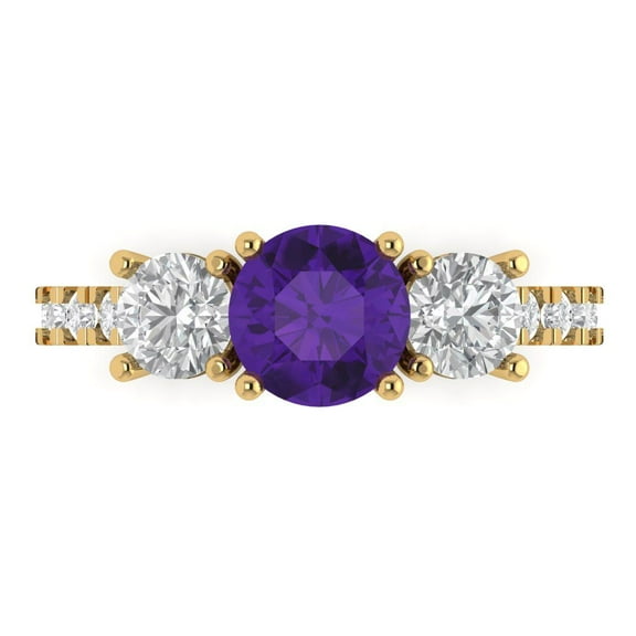 1.97 ct Round Cut Natural Amethyst Three-Stone Engagement Ring for Women in 18K Yellow Gold