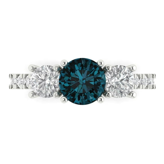 Clara Pucci 14K White Gold Solid Gold LondonBlueTopaz Three-Stone Anniversary Ring for Women - 1.97 cttw Round Cut