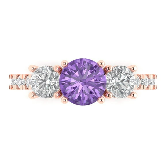 Clara Pucci 14K Rose Gold Solid Gold Alexandrite Three-Stone Anniversary Ring for Women - 1.97 cttw Round Cut