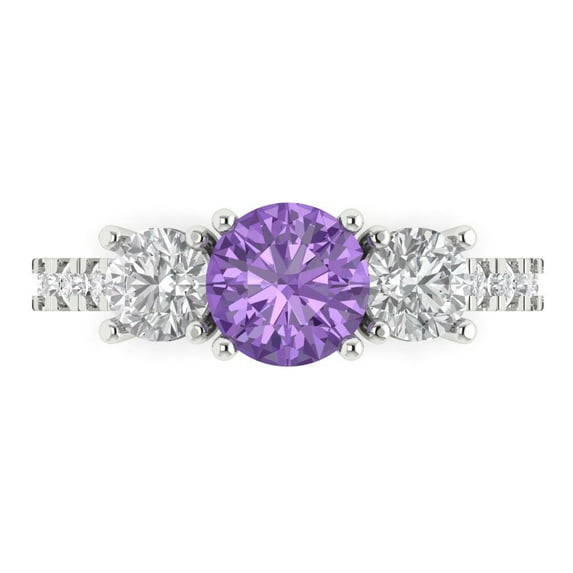 Clara Pucci 14K White Gold Solid Gold Alexandrite Three-Stone Anniversary Ring for Women - 1.97 cttw Round Cut