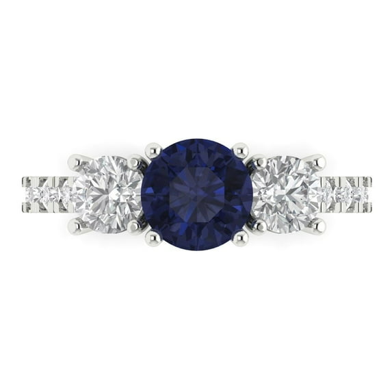 1.97 ct Round Cut Simulated Blue Sapphire 3 Stone 14K White Gold Womens Engagement Ring