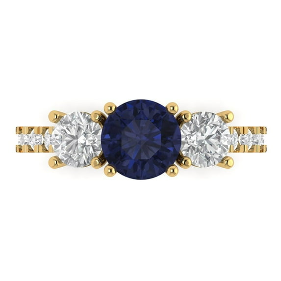1.97 ct Round Cut Simulated Blue Sapphire 3 Stone 18K Yellow Gold Womens Engagement Ring