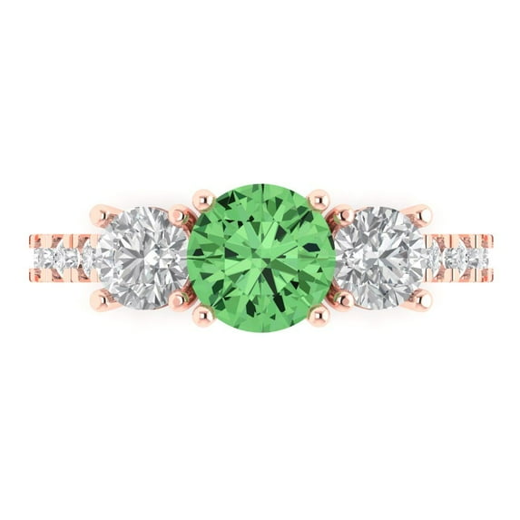 Clara Pucci 14K Rose Gold Solid Gold Green Three-Stone Anniversary Ring for Women - 1.97 cttw Round Cut