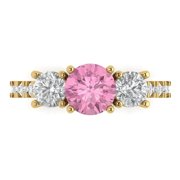 1.97 ct Round Cut Simulated Pink Diamond Three-Stone Engagement Ring for Women in 18K Yellow Gold