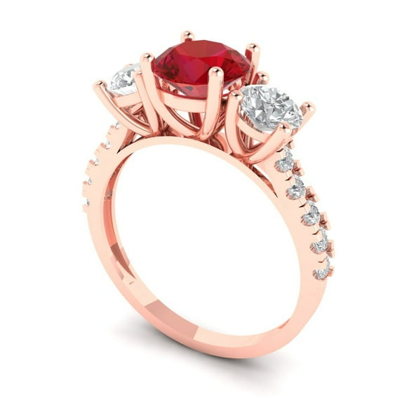 1.97 ct Round Cut Simulated Ruby Three-Stone Engagement Ring for Women in 18K Rose Gold
