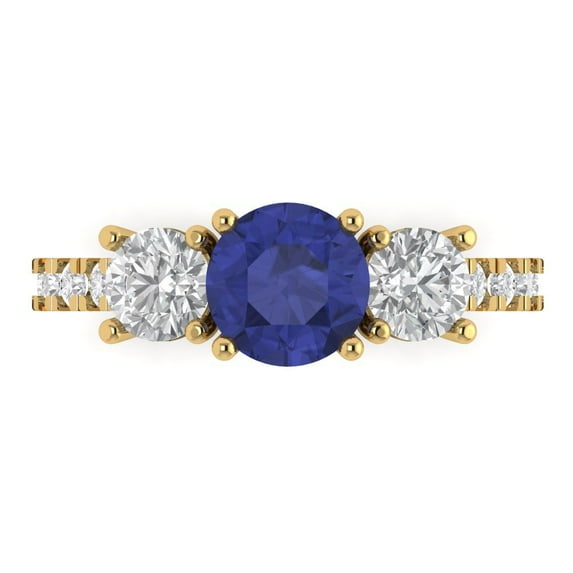 Clara Pucci 14K Yellow Gold Solid Gold Tanzanite Three-Stone Anniversary Ring for Women - 1.97 cttw Round Cut