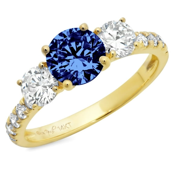 1.97 ct Round Cut Simulated Tanzanite 3 Stone 14K Yellow Gold Womens Engagement Ring