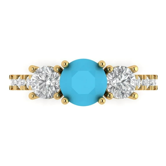 Clara Pucci 14K Yellow Gold Solid Gold Turquoise Three-Stone Anniversary Ring for Women - 1.97 cttw Round Cut