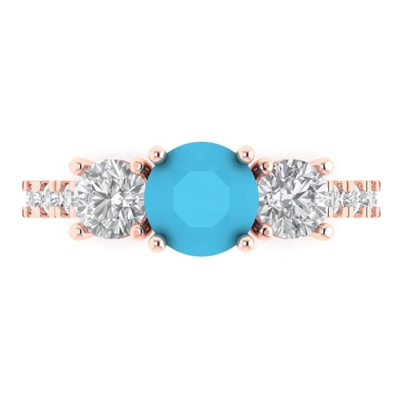 1.97 ct Round Cut Simulated Turquoise Three-Stone Engagement Ring for Women in 18K Rose Gold
