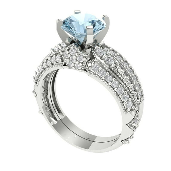 1.99 ct Brilliant Round Cut Blue Zircon 18k White Gold Solitaire with Accents Engagement Bridal Wedding Ring Band Set