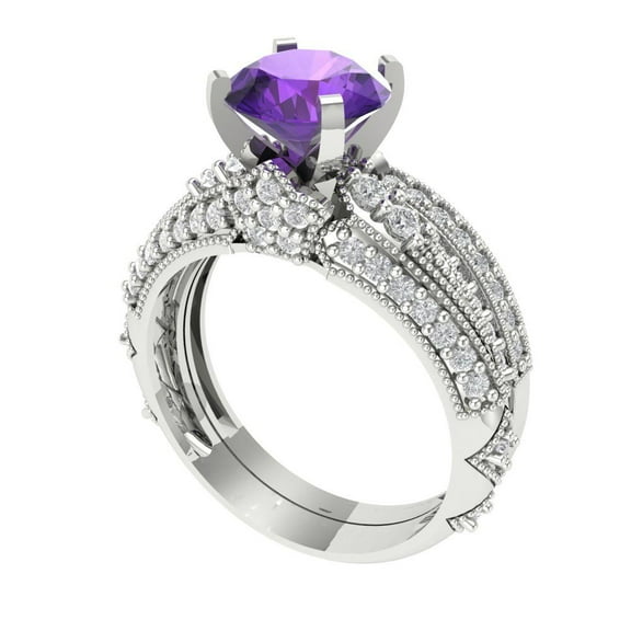 1.99 ct Brilliant Round Cut Natural Amethyst 14k White Gold Solitaire with Accents Engagement Bridal Wedding Ring Band Set size 6.75