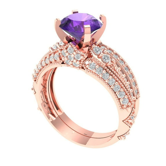 1.99 ct Brilliant Round Cut Natural Amethyst 18K Rose Gold Solitaire with Accents Engagement Bridal Wedding Ring Band Set size 7.75