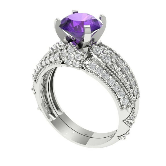 1.99 ct Brilliant Round Cut Natural Amethyst 18K White Gold Solitaire with Accents Engagement Bridal Wedding Ring Band Set size 4.5