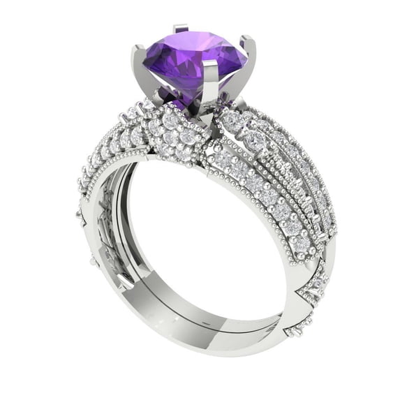 1.99 ct Brilliant Round Cut Natural Amethyst 18K White Gold Solitaire with Accents Engagement Bridal Wedding Ring Band Set size 7.5