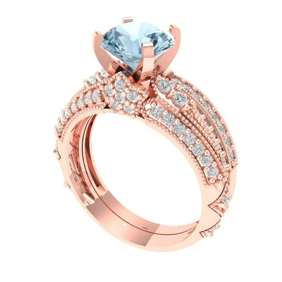 1.99 ct Brilliant Round Cut Natural Aquamarine 14k Rose Gold Solitaire with Accents Engagement Bridal Wedding Ring Band Set size 8.75