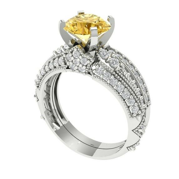 1.99 ct Brilliant Round Cut Natural Citrine 18K White Gold Solitaire with Accents Engagement Bridal Wedding Ring Band Set size 8.5