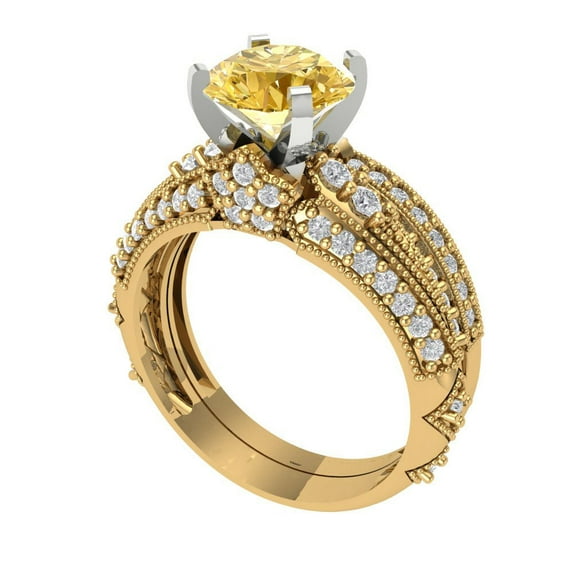1.99 ct Brilliant Round Cut Natural Citrine 18K Yellow/White Gold Solitaire with Accents Engagement Bridal Wedding Ring Band Set size 10