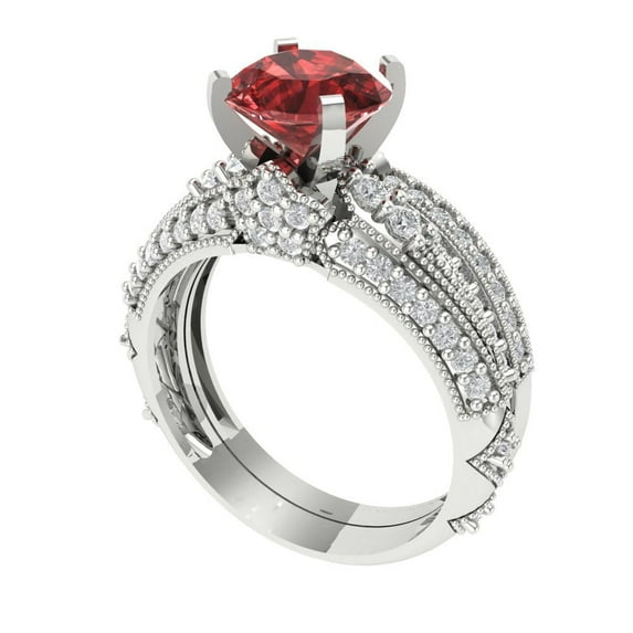 1.99 ct Brilliant Round Cut Natural Garnet 14k White Gold Solitaire with Accents Engagement Bridal Wedding Ring Band Set size 7.75