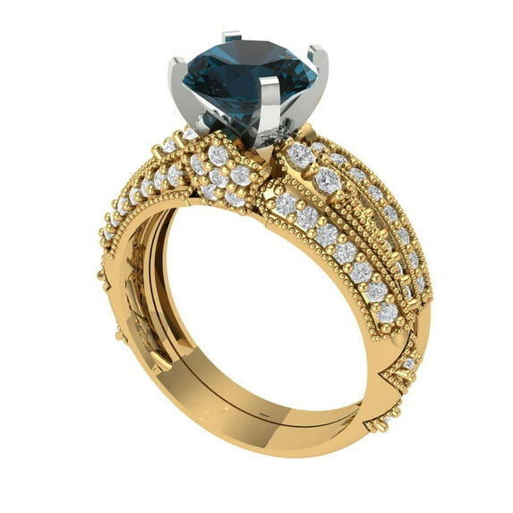 1.99 ct Brilliant Round Cut Natural London Blue Topaz 18K Yellow/White Gold Solitaire with Accents Engagement Bridal Wedding Ring Band Set size 7