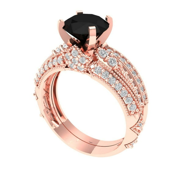 1.99 ct Brilliant Round Cut Natural Onyx 14k Rose Gold Solitaire with Accents Engagement Bridal Wedding Ring Band Set size 8
