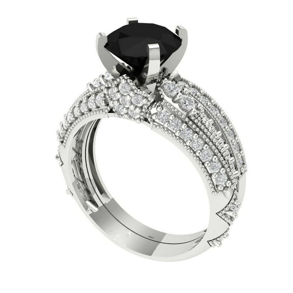 1.99 ct Brilliant Round Cut Natural Onyx 18K White Gold Solitaire with Accents Engagement Bridal Wedding Ring Band Set size 10