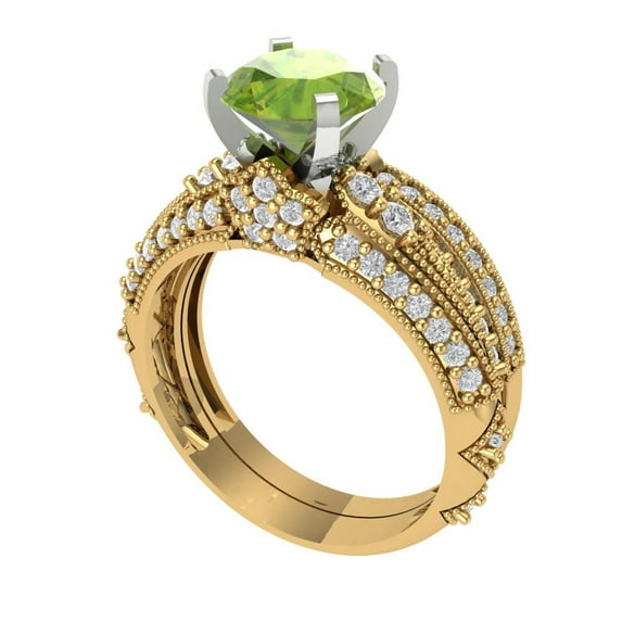 1.99 ct Brilliant Round Cut Natural Peridot 14k Yellow/White Gold Solitaire with Accents Engagement Bridal Wedding Ring Band Set size 7.25
