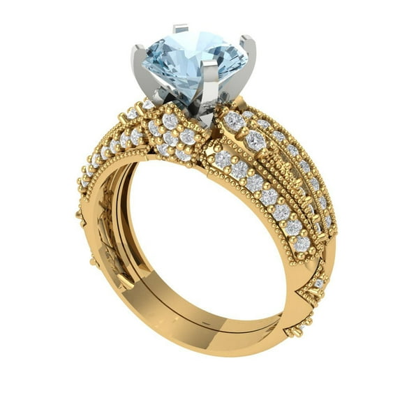 1.99 ct Brilliant Round Cut Natural Sky Blue Topaz 18K Yellow/White Gold Solitaire with Accents Engagement Bridal Wedding Ring Band Set size 4.75