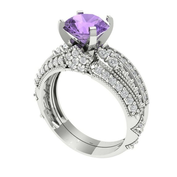 1.99 ct Brilliant Round Cut Alexandrite 14k White Gold Solitaire with Accents Engagement Bridal Wedding Ring Band Set size 6.5