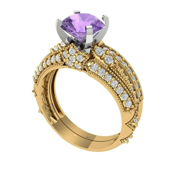 1.99 ct Brilliant Round Cut Alexandrite 14k Yellow/White Gold Solitaire with Accents Engagement Bridal Wedding Ring Band Set size 9.75