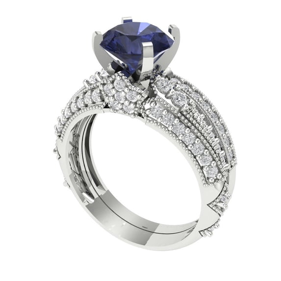 1.99 ct Brilliant Round Cut Blue Sapphire 14k White Gold Solitaire with Accents Engagement Bridal Wedding Ring Band Set size 7.5